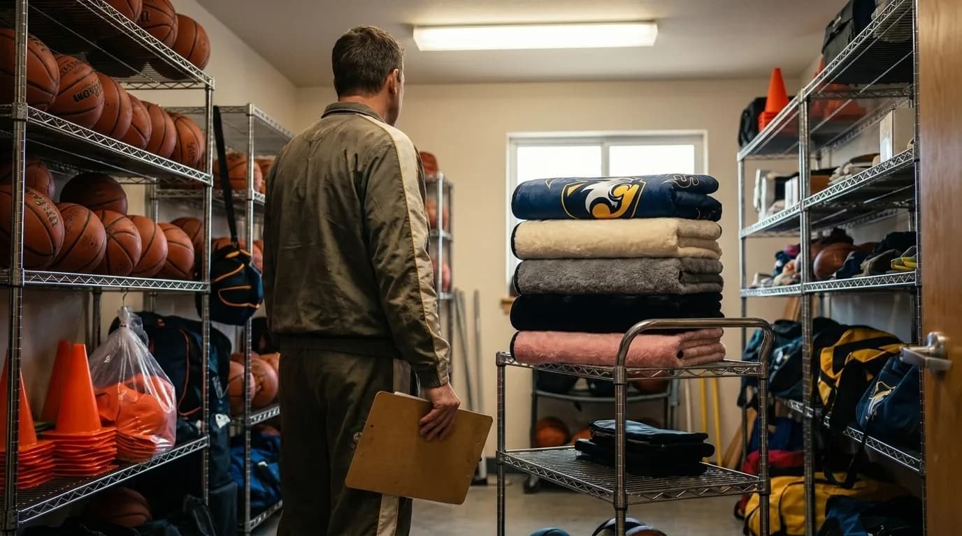 A coach with a clipboard taking stock in the school equipment room, next to a cart stacked with folded custom team blankets