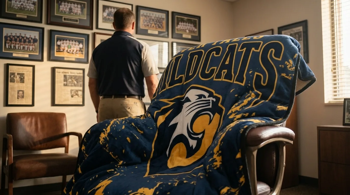 An athletic director standing in his office looking over a wall of framed team photos, with a Wildcats mascot blanket draped across the chair beside him