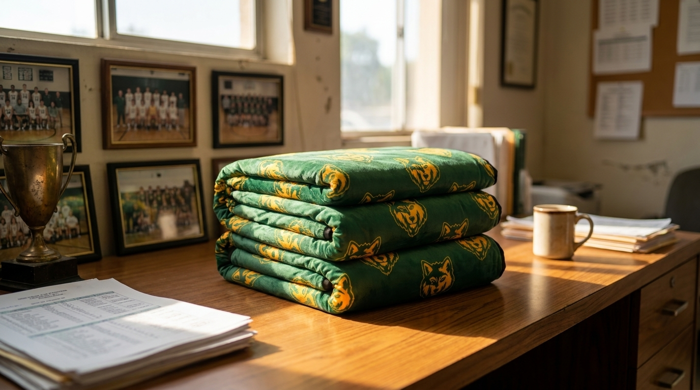A stack of folded green-and-gold custom school blankets on an athletic director's desk, team photos on the wall behind